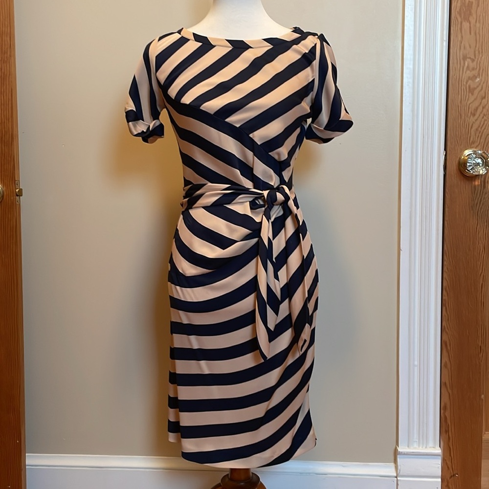 Diane Von Furstenberg Cream and Navy Striped Silk Wrap Dress - Size 4